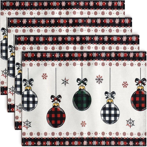 Christmas Placemat Cotton Linen Buffalo Plaid Christmas Ball Snowflake Print Festive Dining Table Mat Kitchen Decor