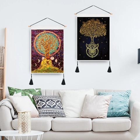 Lebensbaum Wandteppich Polyester Baumwolle Wandschmuck Mit Holzstab Und Quasten Mystisches Mandala Heimdekoration