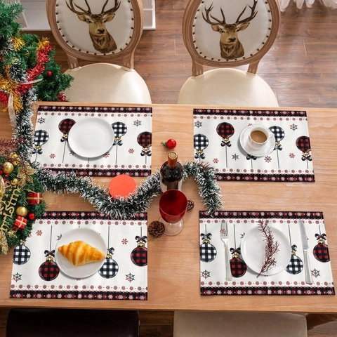 Christmas Placemat Cotton Linen Buffalo Plaid Christmas Ball Snowflake Print Festive Dining Table Mat Kitchen Decor