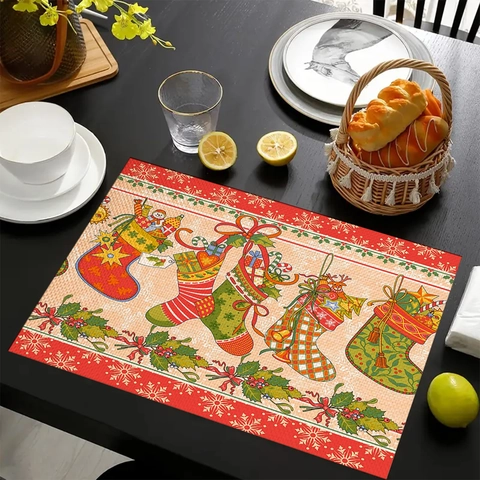 Christmas Linen Placemat Vintage Santa Claus Reindeer Print Table Mat Heat Resistant Washable Holiday Party Decoration