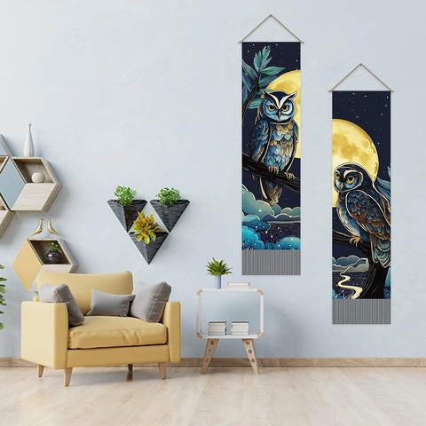 Owl Moonlit Night Tapestry Cotton Linen Aesthetic Scroll Painting Wall Hanging With Tassels Home Decor