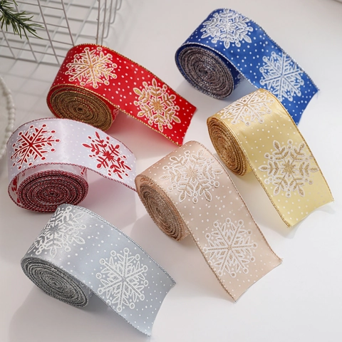 Ruban en Satin à Motifs de Flocons de Neige de Noël Avec Bordure Métallique Brillante Pour Décoration de Cadeaux