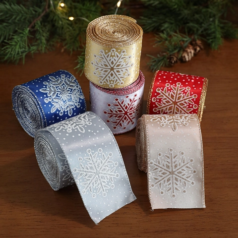 Ruban en Satin à Motifs de Flocons de Neige de Noël Avec Bordure Métallique Brillante Pour Décoration de Cadeaux