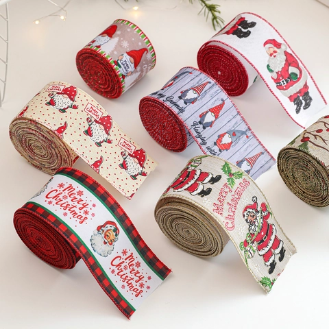 Christmas Decorative Ribbon Polyester Faux Burlap Santa Claus Gnome Print For Gift Wrapping Xmas Tree DIY Craft Decor