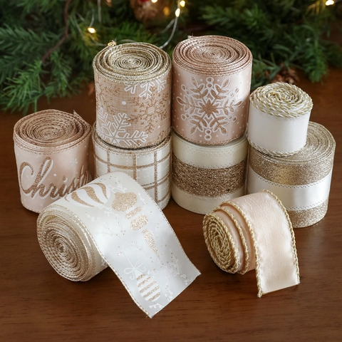 Champagne Gold Christmas Decorative Ribbon Satin Glitter Snowflake Plaid Patterns For Holiday Party Gift Wrapping Home Decor