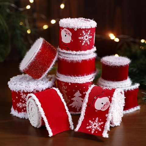 Cintas Decorativas De Navidad Tela De Terciopelo Rojo Con Bordes De Piel Sintética Copos De Nieve Reno Para Regalos