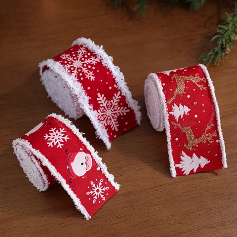 Cintas Decorativas De Navidad Tela De Terciopelo Rojo Con Bordes De Piel Sintética Copos De Nieve Reno Para Regalos