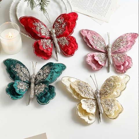 Samt Schmetterling Weihnachtsbaum Deko Clips mit Glitzer Flocking Schleife Ornamente für Feiertags Party Heimdekoration
