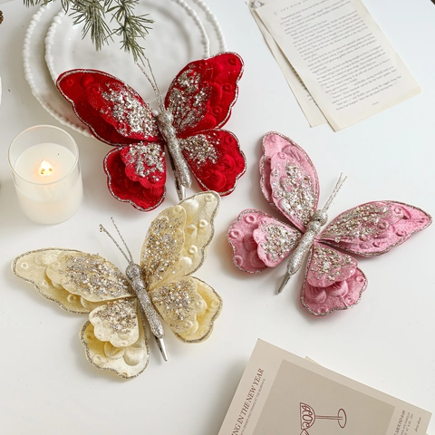 Samt Schmetterling Weihnachtsbaum Deko Clips mit Glitzer Flocking Schleife Ornamente für Feiertags Party Heimdekoration
