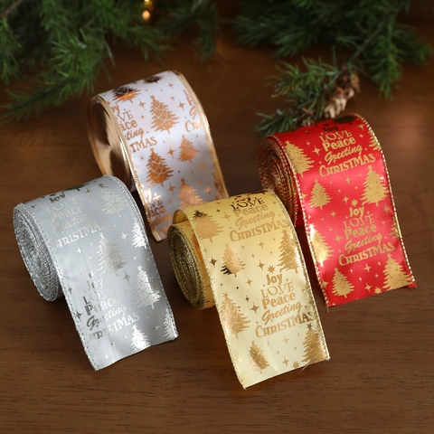 Nastro Natalizio Bordo Metallico Dorato Stampa Albero Lettera Tessuto Raso Per Decorazione Albero Regalo Fai Da Te