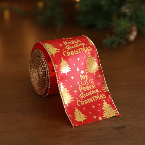 Nastro Natalizio Bordo Metallico Dorato Stampa Albero Lettera Tessuto Raso Per Decorazione Albero Regalo Fai Da Te