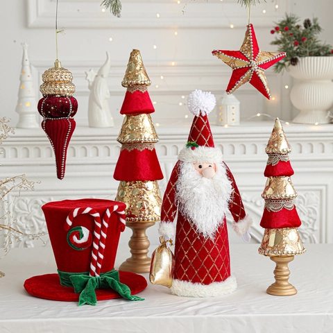 Adornos de Navidad Terciopelo Rojo Oro Lentejuelas Figura Papá Noel Árbol Decoración Mesa Estrella Tambor Colgante