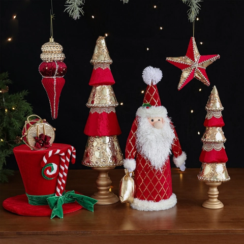 Adornos de Navidad Terciopelo Rojo Oro Lentejuelas Figura Papá Noel Árbol Decoración Mesa Estrella Tambor Colgante