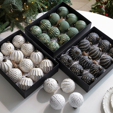 Vintage Embossed Christmas Ball Ornaments Set For Christmas Tree Decorative Relief Texture Hanging Balls With Gift Box For Holiday Party Home Decor