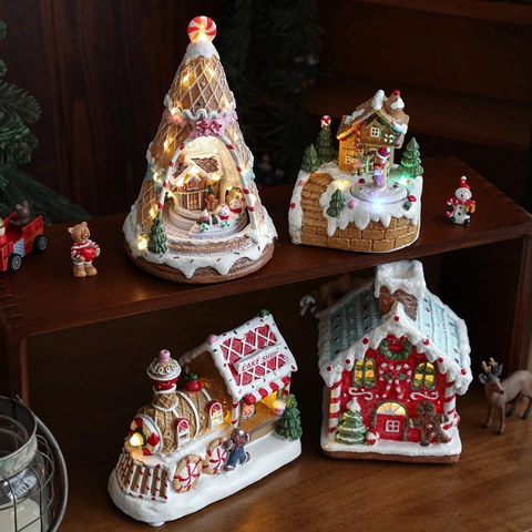 Weihnachts Lebkuchenhaus Zug Spieluhr Harz Led Beleuchtet Rotierend Ornament Schreibtisch Festliche Feiertagsdekoration