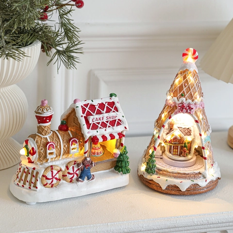 Weihnachts Lebkuchenhaus Zug Spieluhr Harz Led Beleuchtet Rotierend Ornament Schreibtisch Festliche Feiertagsdekoration