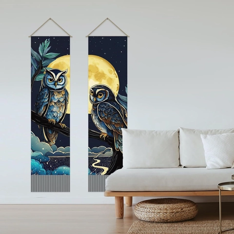 Owl Moonlit Night Tapestry Cotton Linen Aesthetic Scroll Painting Wall Hanging With Tassels Home Decor