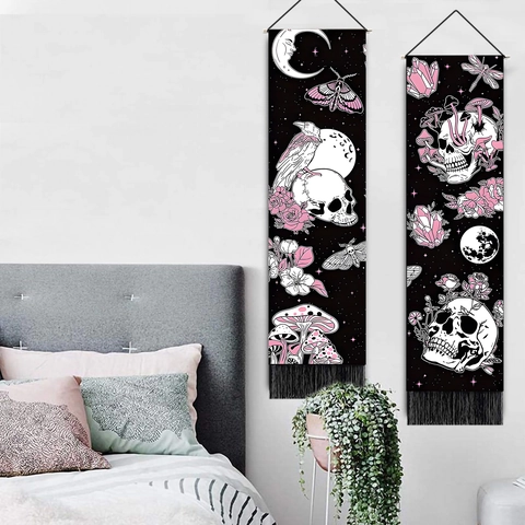 Gothic Skull Wall Tapestry Polyester Cotton Hanging Art With Tassel Wooden Rod Moon Mushroom Floral For Room Decor