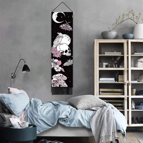 Gothic Skull Wall Tapestry Polyester Cotton Hanging Art With Tassel Wooden Rod Moon Mushroom Floral For Room Decor
