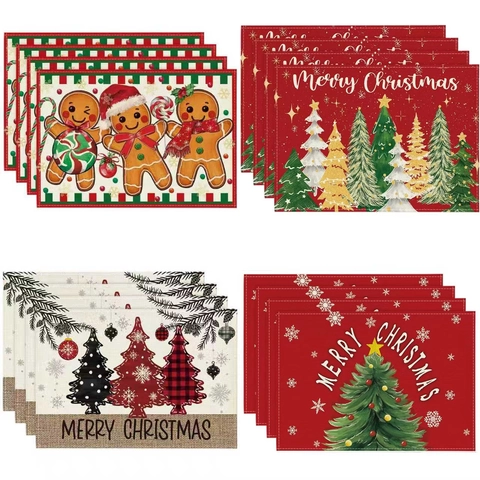 Christmas Linen Placemats Heat Insulated Table Mats Buffalo Plaid Snowman Christmas Tree Print For Kitchen Dining Room Party Decoration