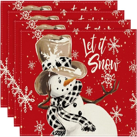 Christmas Linen Placemats Heat Insulated Table Mats Buffalo Plaid Snowman Christmas Tree Print For Kitchen Dining Room Party Decoration