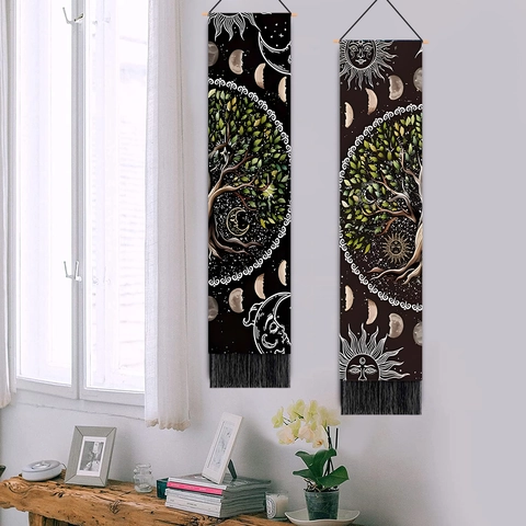 Lebensbaum Wandteppich Wandbehang Kunst Mit Quaste Polyester Baumwolle Vintage Mondphase Sonne Design Für Wohnkultur