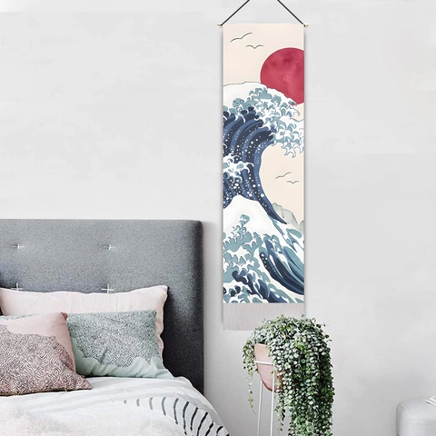 Japanese Ukiyo-e Tapestry Wall Hanging Polyester Cotton Vertical Scroll Great Wave Cherry Blossom Sun Torii Home Art Decor