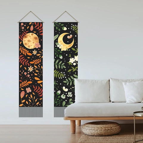 Wall Tapestry Cotton Linen Sun Moon Phase Hanging Art Tassels Wood Rod Vintage Bohemian Home Decor