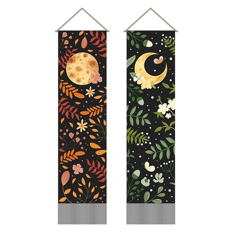 Wall Tapestry Cotton Linen Sun Moon Phase Hanging Art Tassels Wood Rod Vintage Bohemian Home Decor