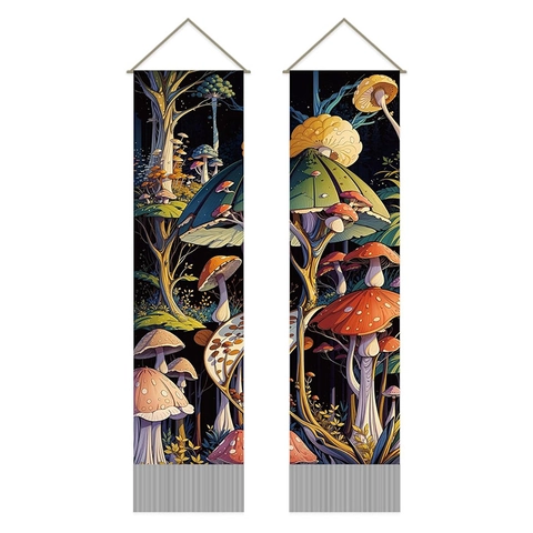 Mushroom Forest Wall Hanging Tapestry Cotton Linen Vertical Long Decorative Art With Wood Pole And Tassels Vintage Style