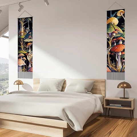 Mushroom Forest Wall Hanging Tapestry Cotton Linen Vertical Long Decorative Art With Wood Pole And Tassels Vintage Style