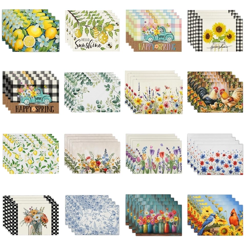 Linen Placemats Heat Resistant Washable Table Mats Kitchen Dining Decoration Sunflower Lemon Floral Print Farmhouse Style Home Decoration Accessories