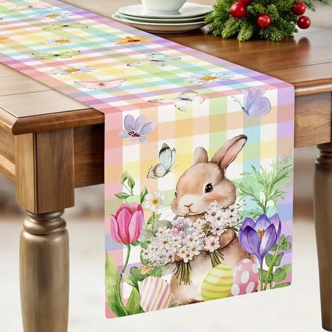 Pasen Konijn Tafelloper Linnen Lente Ruit Bloem Vlinder Vakantie Feest Keuken Eetkamer Decoratie