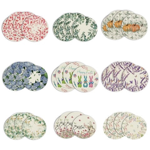 Round Linen Placemats Heat Resistant Washable Table Mats Floral Rabbit Pumpkin Pattern Farmhouse Kitchen Dining Decoration