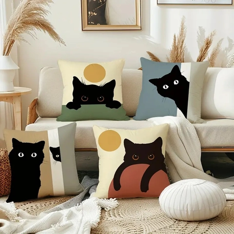 Decorative Pillow Covers Linen Minimalist Black Cat Art Print Retro Cushion Case Modern Living Room Sofa Decor
