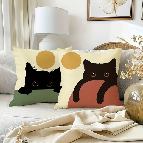 Decorative Pillow Covers Linen Minimalist Black Cat Art Print Retro Cushion Case Modern Living Room Sofa Decor