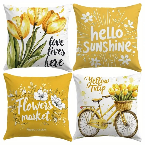 Decorative Pillow Covers Peach Skin Tulip Floral Print For Sofa Couch Farmhouse Home Decor Yellow White Modern Square Pillowcases