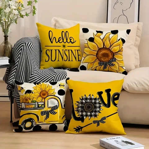 Sonnenblume Gelber LKW Dekorative Kopfkissenbezüge Kurzplüsch Quadratische Kissenhüllen Sonnenschein Muster Für Wohnzimmer Sofa Deko