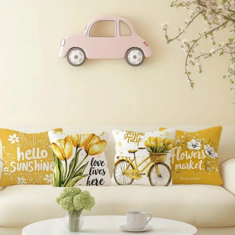 Decorative Pillow Covers Peach Skin Tulip Floral Print For Sofa Couch Farmhouse Home Decor Yellow White Modern Square Pillowcases