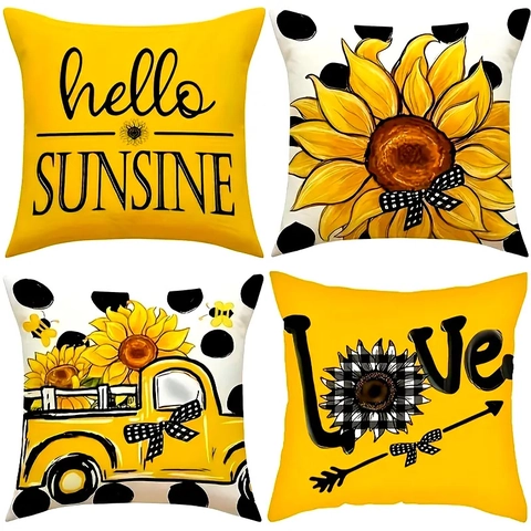 Sonnenblume Gelber LKW Dekorative Kopfkissenbezüge Kurzplüsch Quadratische Kissenhüllen Sonnenschein Muster Für Wohnzimmer Sofa Deko