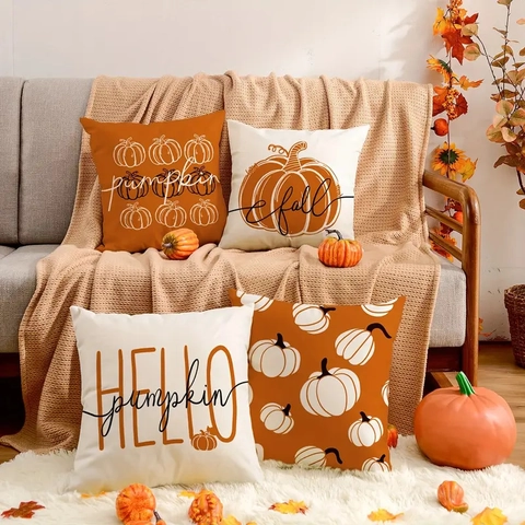 Thanksgiving Pumpkin Linen Pillow Covers Autumn Cushion Case For Living Room Sofa Decor Fall Theme Orange Beige Pillowcase Set