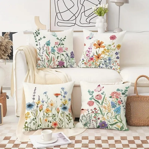 Vintage Botanical Floral Linen Decorative Pillow Covers Butterfly Print Square Cushion Cases For Sofa Bedroom Home Decor