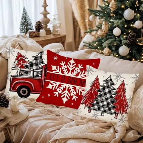 Weihnachts-Kissenbezüge Aus Kurzplüsch Mit Festlichem Roten Truck Rentier Weihnachtsbaum Muster Winter Deko