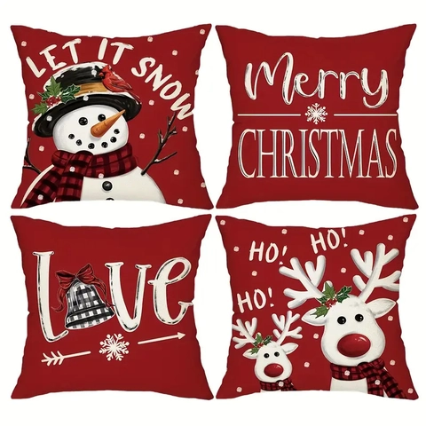 Weihnachts Kissenbezüge Rot Leinen Rentier Schneemann Muster Festliche Deko Wurfkissenhüllen Sofa Dekokissenbezüge