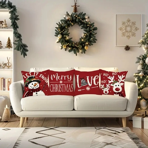 Weihnachts Kissenbezüge Rot Leinen Rentier Schneemann Muster Festliche Deko Wurfkissenhüllen Sofa Dekokissenbezüge