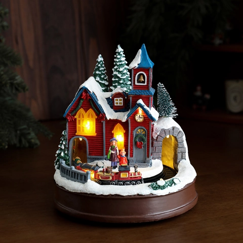Carillon del Villaggio di Natale Con Luci a LED Treno Rotante Scena di Neve in Resina Casa Albero Micro Paesaggio Decorazione da Tavolo