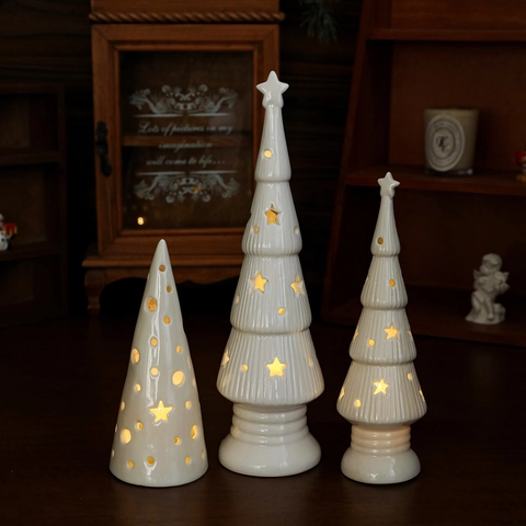 Christmas Ceramic House LED Glowing Decoration Hollow Star Tree Gnome Warm Light Desktop Ornament Nordic Style Home