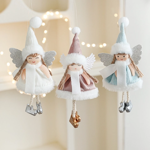 Christmas Angel Girl Plush Hanging Ornament With Glitter Wings Knitted Hat Cute Holiday Tree Decoration For Home Party Gift