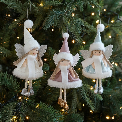 Christmas Angel Girl Plush Hanging Ornament With Glitter Wings Knitted Hat Cute Holiday Tree Decoration For Home Party Gift