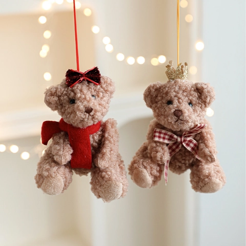 Cute Plush Teddy Bear Hanging Ornament Christmas Tree Decoration Sherpa Fleece Bear Pendant With Crown Bow For Home Party Holiday Decor